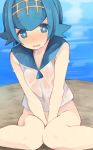  1girl beach between_legs blue_eyes blue_hair blush bright_pupils hairband hand_between_legs highres lana looking_at_viewer nigo_(aozoragarou) nigou_(aozoragarou) ocean one-piece_swimsuit pokemon pokemon_(game) pokemon_sm sailor_collar sand shirt short_hair sitting sleeveless sleeveless_shirt solo suiren_(pokemon) swimsuit swimsuit_under_clothes trial_captain water wet wet_clothes 