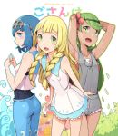 3girls armpits arms_behind_head blonde_hair blue_eyes blue_hair braid cloba_(daeniel811015) dark_skin dress fingers_together flower green_eyes green_hair hair_flower hair_ornament hairband highres lana lillie lillie_(pokemon) long_hair mallow mallow_(pokemon) mao_(pokemon) multiple_girls no_hat no_headwear open_mouth pokemon pokemon_(game) pokemon_sm short_hair sleeveless sleeveless_dress suiren_(pokemon) swimsuit swimsuit_under_clothes trial_captain twin_braids white_dress