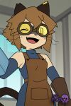 1girl 1girl ai_generated animal_ears anthro apron artist_name bare_shoulders brown_apron brown_gloves brown_hair cat_ears cat_girl cat_tail closed_mouth clothing eyewear fang fang_out furry furry_female gameoverse gloves goggles littlehentai looking_at_viewer mammal one_eye_closed piercing savitar savitar_(artist) short_hair slit_pupils smile tail tinted_eyewear whiskers yellow_apron yellow_eyes