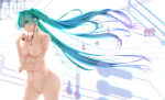  1girl 1girl 1girl alluring aqua_eyes aqua_hair big_breasts cleavage digital_media_player earphones headphones ipod long_hair miku_hatsune musical_note navel nipples nude pussy tied_hair twin_tails uncensored very_long_hair vocaloid xuanlin_jingshuang 
