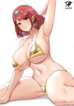  1girl 1girl absurd_res alluring alternate_costume arm_behind_head artist_logo artist_name big_breasts bikini breasts commentary core_crystal_(xenoblade) earrings floating_earrings gold_bikini high_res jewelry kaos_art logo looking_at_viewer navel patreon_username pyra_(xenoblade) red_eyes red_hair short_hair sitting smile star_(symbol) star_earrings string_bikini swept_bangs swimsuit thighs tiara white_background xenoblade_(series) xenoblade_chronicles_2 