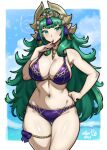  1girl 1girl absurd_res alluring alternate_costume artist_name bare_arms bare_shoulders big_breasts bikini blue_sky bow cloud collarbone commentary commission cowboy_shot curvy english_commentary finger_to_mouth fire_emblem fire_emblem:_fortune's_weave gluteal_fold green_eyes green_hair hand_on_own_hip hand_up high_res intelligent_systems ko-fi_commission light_blush long_hair looking_at_viewer navel nintendo ocean outside purple_bikini purple_bow rotomdocs sideboob signature skindentation sky sothis_(adult)_(fire_emblem) sothis_(fire_emblem) standing stomach swimsuit thick_thighs thigh_bow thigh_strap thighs very_long_hair 