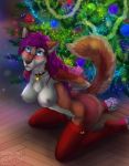 1_female 1_girl 1girl 2016 4_toes anthro anthro_only araivis_edelveys arms_tied bangs bell bell_collar black_nose blue_eyes bound breasts canine chest_tuft christmas christmas_tree clothing collar detailed_background erect_nipples eyelashes female female_anthro female_only fox fur furry gift_wrapped hair hands_behind_back holidays inner_ear_fluff kneel kneeling legwear long_hair looking_at_viewer mammal mostly_nude multicolored_fur nipples on_floor orange_fur pawpads paws pink_nipples purple_eyes purple_hair red_fur socks solo stockings toeless_socks toes tree tuft watermark white_fur