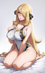 1girl alluring alternate_breast_size_(larger) barefoot bed_sheet big_breasts blonde_hair cleavage collarbone commentary competition_swimsuit covered_navel curvy cynthia cynthia_(pokemon) english_commentary full_body grey_eyes hair_ornament hair_over_one_eye high_res holding lips long_hair looking_at_viewer nintendo one-piece_bikini parted_lips poke_ball_symbol pokemon pokemon_(anime) pokemon_diamond/pearl/platinum seiza sitting sonicbluespeed swimsuit thighs very_long_hair white_one-piece_bikini