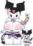  1girl anthro big_breasts black_eyes black_skirt blush blush_stickers bow bowtie breasts camera cassettedream cellphone cleavage closed_mouth clothes_around_waist clothing demon_tail dream-cassette emoji eyeshadow female female_only flip_phone flower furry furry_female hair_flower hair_ornament headgear heart holding holding_object holding_phone hoshime huge_breasts humanization jester_hat kuromi large_areolae looking_at_viewer makeup miniskirt nipple_slip nipples onegai_my_melody open_shirt phone pink_bowtie pink_eyeshadow pleated_skirt purple_bow purple_bowtie purple_eyeshadow sanrio short_sleeves skirt skull skull_hair_ornament smile solo solo_female sweater sweater_around_waist tail thick_thighs transparent_background white_shirt white_skin 