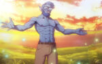 2020 blue_hair blue_skin elf elf_male field funeral-paws glasses male meme onward onward_(2020) shirtless solo_male sunset wilden_lightfoot