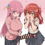 1futa 1girl ai_generated bare_thighs big_breasts big_penis blue_eyes blush bocchi_the_rock! embarrassed futanari futanari_on_female gotou_hitori green_eyes huge_breasts huge_cock huge_thighs kita_ikuyo light-skinned_female light_skin long_hair massive_breasts penis pink_hair red_hair school_uniform schoolgirl thick_thighs thighs track_jacket veiny_penis voluptuous voluptuous_female
