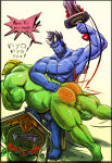 2014 2boys alternate_version_available blue_skin blush chair colored english_text green_skin hairy_legs kibura male male_only monster_boy nose_ring nude_male oni orc orc_male original original_characters otk otk_spanking over_the_knee paddling sitting spanked_butt spanking speech_bubble sword veiny_penis yaoi