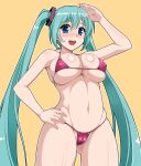  1girl 1girl 1girl 1girls abs alluring aqua_hair big_breasts bikini blue_eyes blush cameltoe covered_nipples hand_on_hip hormone_koijirou long_hair looking_at_viewer micro_bikini miku_hatsune navel nipple_bulge open_mouth pussy salute sega simple_background skindentation smile solo_female swimsuit twin_tails very_long_hair vocaloid yellow_background 