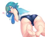 1girl ass bare_arms bare_legs barefoot blue_eyes blue_hair blush bright_pupils cameltoe feet hairband lana looking_at_viewer lying on_stomach one-piece_swimsuit one_eye_closed pokemon pokemon_(game) pokemon_sm popplio sailor_collar sakura_kani sakura_kani_(artist) school_swimsuit short_hair suiren_(pokemon) swimsuit swimsuit_under_clothes trial_captain