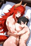 1boy 1girls ai_generated bedroom big_breasts blush breasts dragon_girl dragon_horns dragon_tail hand_on_head hugging in_bed indie_virtual_youtuber indie_vtuber long_hair male_sleeping muscle_mommy muscular_female naked_female naked_male nipples nude nude nude_female nude_male orange_eyes red_hair smile virtual_youtuber vtuber zentreya