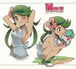  1girl apron armpits arms_behind_back breasts dark_skin denim denim_shorts flower fomantis green_eyes green_hair hair_flower hair_ornament hairband looking_at_viewer mallow mallow_(pokemon) mao_(pokemon) multiple_views naked_apron no_bra pokemon pokemon_(game) pokemon_sm shorts sideboob simple_background smile squatting tongue tongue_out twintails twitter undershirt white_background wink winking yatsuharuroji 