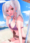 1girl :d alluring bare_arms bare_shoulders beach big_breasts bikini cm_anco commentary_request fire_emblem fire_emblem_awakening fire_emblem_heroes fire_emblem_warriors grey_hair high_res intelligent_systems long_hair looking_at_viewer navel nintendo o-ring o-ring_bikini o-ring_top ocean official_alternate_costume open_mouth outside purple_bikini robin_(fire_emblem) robin_(fire_emblem)_(female) robin_(summer)_(fire_emblem)_(female) sideboob smile stomach swimsuit thighs twin_tails under_boob