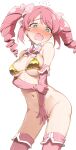  1girl absurd_res blush embarrassed female female_focus golden_week golden_week_bikini green_eyes hanabishi_haruka highres legwear magical_girl mahou_shoujo_ni_akogarete nekono_matatabi pink_gloves pink_hair pink_legwear pink_ribbon ribbon shy simple_background small_breasts striped striped_clothes striped_legwear twin_drills white_background younger_female 