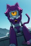 1girl 1girl 1girl ai_generated animal_ears artist_name cat_ears cat_tail claws clothing cyclops gameoverse grin joints littlehentai looking_at_viewer mountain navel one-eyed outside purple_hair robot robot_girl robot_joints savitar savitar_(artist) sharp_teeth sitting sky smile tail teeth yellow_eyes yellow_sclera