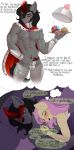  1girl abs anthro black_hair closed_eyes clothed clothing english_text equine evehly fluttershy_(mlp) food friendship_is_magic fur furry grey_fur hair horn king_sombra_(mlp) male mammal my_little_pony nipples one_eye_closed open_mouth pink_hair red_eyes sleeping text topless unicorn yellow_fur 