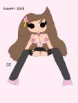 1girl 2008 :3 aliya_oliveira anus artist_name artist_signature big_breasts black_eyes blush bowtie breasts brown_hair choker cleavage clitoris closed_mouth clothed clothed_female clothing crop_top english_text eyelashes female female_only flower footwear garter_belt garter_straps hair_flower hair_ornament high_heels huge_breasts kubo_(artist) long_hair looking_at_viewer midriff nipples pasties pink_background pink_flower pink_shirt pussy simple_background sitting skirt solid_circle_eyes solid_oval_eyes solo spread_legs thighhighs very_long_hair