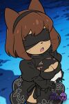 1girl 1girl 1girl 2b_(nier:automata) 2b_(nier:automata)_(cosplay) ai_generated animal_ears arm_under_breasts artist_name big_breasts black_blindfold black_dress black_hairband black_thighhighs blindfold breasts brown_hair cat_ears cleavage cleavage_cutout clothing clothing_cutout cosplay covered_eyes dress eyewear facing_viewer feather-trimmed_sleeves furry furry_female gameoverse gloves hairband headband juliet_sleeves littlehentai long_sleeves medium_breasts nier:_automata nier_(series) open_mouth puffy_sleeves savitar savitar_(artist) short_hair stockings teeth upper_teeth_only whisker_markings whiskers yorha_no.2_type_b