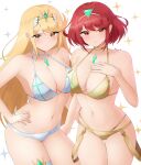 1girl 2_girls alluring bare_shoulders big_breasts bikini blonde_hair blush chest_jewel cleavage core_crystal_(xenoblade) cowboy_shot doiparuni earrings floating_earrings frown gold_bikini golden_week hand_on_own_hip headpiece high_res jewelry long_hair looking_at_viewer multiple_girls mythra_(xenoblade) pyra_(xenoblade) red_eyes red_hair short_hair simple_background smile sparkle swept_bangs swimsuit tiara very_long_hair white_background white_bikini xenoblade_(series) xenoblade_chronicles_2 yellow_eyes