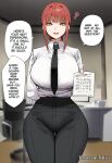  1girl ai_generated breasts chainsaw_man clothed clothed_female dialogue english_text hips huge_breasts light-skinned_female light_skin looking_at_viewer makima_(chainsaw_man) office_lady pov text thick_thighs thighs wide_hips 