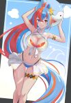 1girls absurd_res alear_(female)_(fire_emblem) alear_(female)_(seaside_dragon)_(fire_emblem) alear_(fire_emblem) alluring armlet arms_up ball bare_arms bare_shoulders beachball big_breasts bikini blue_bikini blue_eyes blue_hair blush breasts character_ball cleavage closed_mouth commentary_request criss-cross_halter crossed_bangs fire_emblem fire_emblem_engage fire_emblem_heroes flower gold_armlet gold_thighlet hair_flower hair_ornament halterneck heterochromia high_res holding holding_ball holding_beachball intelligent_systems jewelry long_hair multicolored_bikini multicolored_hair multicolored_swimsuit navel nintendo official_alternate_costume official_alternate_hairstyle ponytail red_bikini red_eyes red_hair showgirl_skirt smile sommie_(fire_emblem) split-color_hair stomach swimsuit tarutaru193 thighlet thighs two-tone_hair very_long_hair white_bikini