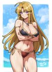 1girl alluring armlet arms_under_breasts artist_name bare_shoulders big_breasts bikini black_bikini blonde_hair blue_sky blush clarisse_(fire_emblem) cleavage cloud commentary commission cowboy_shot crossed_arms curtained_hair embarrassed english_commentary facing_viewer fire_emblem fire_emblem:_new_mystery_of_the_emblem front-tie_bikini_top front-tie_top frown gluteal_fold gold_armlet high_res intelligent_systems jewelry ko-fi_commission long_hair looking_to_the_side navel nintendo ocean purple_eyes red_bikini rotomdocs side-tie_bikini_bottom sideboob sideways_glance signature sky standing stomach sweatdrop swimsuit toned toned_female under_boob