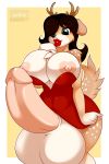 1girl 2016 anthro antlers areola black_nose blue_eyes border breasts brown_hair cervine chest_tuft clothed clothing deer dickgirl dress erection furry hair hair_over_eye heart_nipples high_res horn huge_breasts huge_testicles humanoid_penis hyper hyper_penis hyper_testicles intersex kloudmutt large_breasts large_testicles lips lipstick long_hair makeup mammal nipples penis simple_background testicles tuft white_border