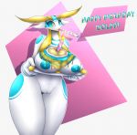 1girl 1girl aijou anthro areola big_breasts big_eyes birthday blonde_hair blue_areola blue_markings blue_nipples breast_rest breasts cake curvy_figure digital_media_(artwork) dragon english_text erect_nipples eyebrows eyelashes food hair huge_breasts jou markings nipples non-mammal_breasts pussy r-mk simple_background text thick_thighs voluptuous white_body white_skin wide_hips yellow_eyes