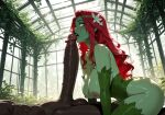 1boy1girl 1girl ai_generated batman_(series) curvy curvy_female curvy_figure dark-skinned_male dark_skin dc_comics erect_penis green_skin greenhouse leotard long_hair nude penis_awe penis_on_face plant_girl poison_ivy red_hair