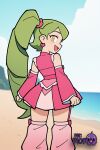 1girl 1girl 1girl :d ai_generated alternate_costume artist_name beach blush buttons clothing cosplay day detached_sleeves dress drill_hair earrings eyelashes from_above green_hair heart_earrings jewelry leg_warmers little long_hair looking_at_viewer open_mouth outside pink_dress pink_footwear pink_shirt pink_sleeves pink_socks reaching reaching_towards_viewer sand shirt shore side_ponytail skirt sleeveless smile socks standing water yellow_eyes