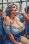  big_breasts big_penis bus cleavage cum cum_on_cleavage cumshot facial grey_hair huge_breasts mature_female milf sloppyai 