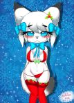 1girl 1girl 2016 anthro blush breasts canine chest_tuft chibi christmas clothed clothing digital_media_(artwork) eyelashes fox fur furry hair high_res holidays kemono legwear looking_at_viewer mammal milkteafox simple_background smile snowflake standing stockings tuft underwear white_fur