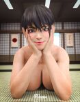  3d 3d_(artwork) amyfukuda asian asian_female black_and_red_and_purple_hair blender eye_contact grin kitsune_marks kunimitsu_ii kunoichi lavender_eyes long_hair looking_at_viewer naked_female namco ninja nude nude nude_female ponytail smile tekken tekken_8 