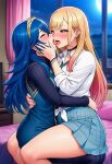  2_girls ai_art ai_generated bedroom blonde_hair blue_eyes crossover embrace face_grab fire_emblem fire_emblem_awakening french_kiss kitagawa_marin long_hair lucina_(fire_emblem) multiple_girls night pink_eyes skirt sono_bisque_doll_wa_koi_wo_suru thick_thighs yuri 