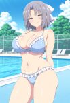  1girl ai_generated arms_behind_back big_breasts bikini blue_bikini blue_eyes blush bow breasts cleavage female_only grey_hair hair_bow outdoor_pool outside pool poolside seductive_eyes seductive_look seductive_smile senran_kagura smile solo_female vegaforge white_bow yumi_(senran_kagura) 