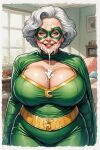 big_breasts cleavage cosplay cosplay cum cum_on_cleavage facial female_only green_skin living_room mature_female sloppyai superheroine