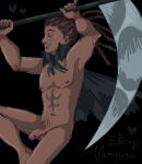 1boy black_background black_male cape drawfag drawthread_request dreadlocks ebony hearts male nude nude_male scythe sketch solo_male twink