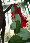 1boy1girl 1girl ai_generated batman_(series) curvy curvy_female curvy_figure dark-skinned_male dark_skin dc_comics erect_penis green_skin greenhouse leotard long_hair nude penis_awe penis_on_face plant_girl poison_ivy red_hair