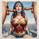 big_breasts big_penis cleavage cum cum_on_cleavage cumshot dc_comics facial mmf_threesome rooftop sloppyai superheroine wonder_woman wonder_woman_(series)