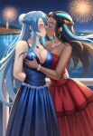 2_girls akame_ga_kill! alternate_costume alternate_hairstyle arm_behind_back bangs bare_arms bare_shoulders big_breasts black_hair blue_dress blue_hair blue_nails blush bopitphy bracelet breast_grab breasts building bun_cover cleavage closed_eyes collarbone couple crossover dark-skinned_female dark_skin dress duo earrings esdeath female/female female_only fireworks floating_hair gold_earrings gold_jewelry gym_leader hair_between_eyes hair_bun half_updo hand_up hoop_earrings hugging interracial interracial_couple interracial_yuri jewelry kissing light-skinned_female light_blue_hair light_skin long_dress long_hair love mole mole_on_breast multicolored_hair multiple_girls mutual_yuri nail_polish neck necklace nessa_(pokemon) night night_sky nintendo outside parted_bangs pokemon pokemon_(game) pokemon_sword_&amp;_shield red_dress red_nails romantic romantic_couple sidelocks sky sleeveless sleeveless_dress square_enix standing star starry_sky straight_hair strapless strapless_dress supervillainess tied_hair tower two-tone_hair two_tone_hair very_long_hair villainess water yuri