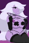 1girl absurd_res amethyst_(steven_universe) bandaids_on_nipples black_eyes breasts cartoon_network dominatrix_outfit female_focus femdom gem_(species) high_res hoshime purple_skin silver_hair sitting steven_universe whip younger_female