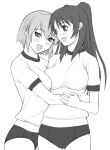  2_girls :d art babe big_breasts blush breasts friends gym_uniform hugging kousaka_tamaki looking_at_another looking_at_viewer love monochrome multiple_girls mutual_yuri open_mouth smile tamaki_kousaka to_heart_2 tonami_yuma yuma_tonami yuri 