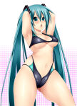  1girl 1girl 1girl :o alluring aoinagi aqua_eyes aqua_hair arms_behind arms_behind_back arms_up atlus bikini blush breasts cameltoe long_hair medium_breasts miku_hatsune navel open_mouth sega swimsuit tied_hair twin_tails under_boob very_long_hair vocaloid 