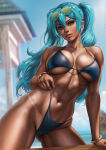 1girl 1girls abs absurd_res alluring aqua_eyes aqua_hair arm_support artist_name ass_visible_through_thighs athletic athletic_female bangs bare_arms bare_shoulders bare_skin bare_thighs big_breasts bikini bikini_bottom bikini_tan bikini_top black_bikini blue_bra blue_clothes blue_clothing blue_eyes blue_hair blue_panties blue_sky blue_underwear blurry blurry_background bra bracelet brazilian brazilian_female brazilian_miku breasts child_bearing_hips clothed clothing collarbone cowboy_shot dandon_fuga dark-skinned_female dark_skin day earrings eyewear_on_head female_focus female_only fit fit_female hair_between_eyes high_res high_resolution highleg_bikini hips hoop_earrings hourglass_figure jewelry latin_american_hatsune_miku_(meme) lips long_hair long_twintails looking_at_viewer meme miku_hatsune nail_polish navel outside panties parted_lips realistic sega sky slim_female slim_waist smile smile_at_viewer solo_female solo_focus stomach summer sunglasses swimsuit tan tan-skinned_female tan_line tan_skin thick_thighs thighs toned toned_body toned_female toned_stomach tropical tropical_setting twin_tails underwear vocaloid