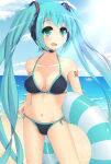  1girl 1girl 1girl 1girls alluring aqua_eyes aqua_hair beach bikini black_bikini cloud day headset innertube long_hair miku_hatsune navel ocean open_mouth outside side-tie_bikini side-tie_bikini_bottom sky swimsuit tagme tied_hair twin_tails very_long_hair vocaloid water 