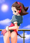 1girl aqua_eyes artist_request ass ass_grab blush brown_hair cameltoe capcom dress_lift earrings female_focus gloves hairband horny_female jewelry looking_back mega_man_legends rockman_dash seductive_look sky sunlight tron_bonne younger_female