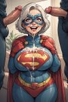  big_breasts cosplay cosplay cum cum_on_breasts cumshot facial grey_hair mature_female mmf_threesome sloppyai supergirl_(cosplay) superheroine 