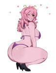  1girl 1girl ass big_ass big_breasts bikini bikini_bottom bikini_top black_sclera bottomwear breasts curvy curvy_figure female_only footwear hair heart hearts hearts_around_head high_heels high_heels horns kyopink long_hair mina_ashido my_hero_academia one_eye_closed pink_body pink_hair pink_skin post-timeskip purple_bikini sideboob smile solo_female squatting swimwear topwear white_background wink winking yellow_eyes 