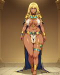  1girl 1girl 1girl anklet armlet armor ass_visible_through_thighs belly big_breasts blonde_hair blue_cape blue_eyes bracelet breasts breasts_apart cape cleavage closed_mouth clothing curvy dark-skinned_female dark_skin earrings egyptian egyptian_clothes fanbox_username full_body gold gold_bracelet gold_footwear jewelry long_hair looking_at_viewer medium_hair navel no_panties pelvic_curtain plump revealing_clothes sandals standing sweat tan thick_thighs thigh_gap thighlet thighs usekh_collar waifuai_studio white_nails wide_hips 