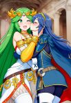  2_girls ai_art ai_generated blue_dress blue_hair blush breasts crossover embrace fire_emblem fire_emblem_awakening green_eyes green_hair happy hugging kid_icarus kid_icarus_uprising kiss_on_the_cheek long_hair lucina multiple_females multiple_girls nintendo one_eye_closed open_mouth palutena 